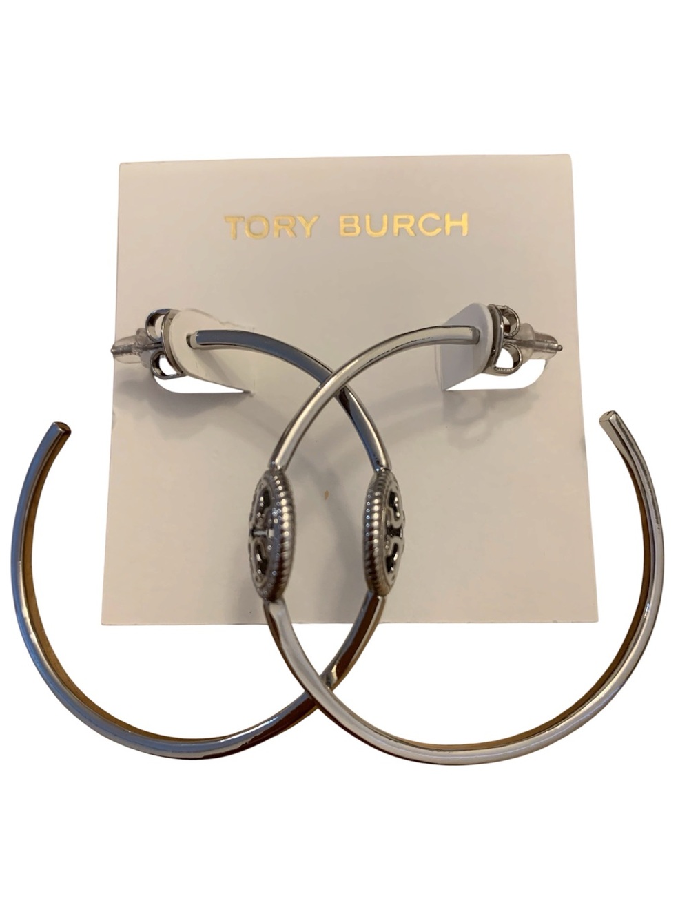 Tory Burch Silver Logo Medallion Hoop Earrings